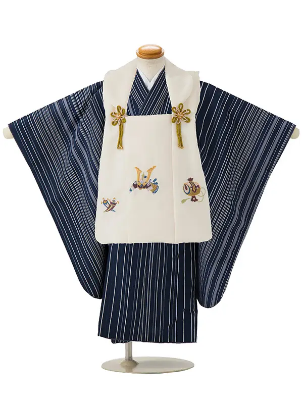 七五三レンタル(3歳男児被布)／ベージュ 兜×紺滝縞 Z570_2