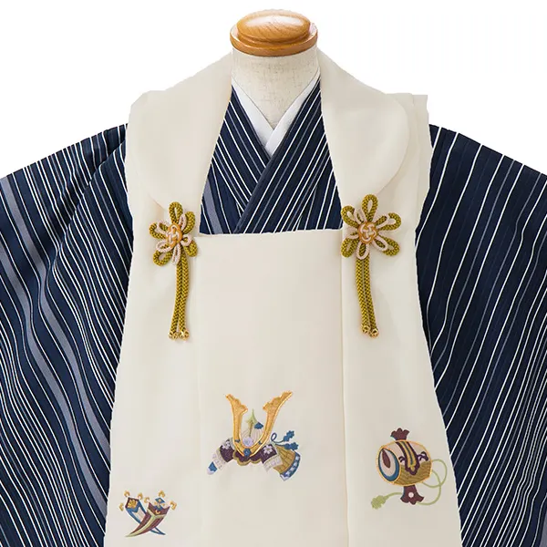 七五三レンタル(3歳男児被布)／ベージュ 兜×紺滝縞 Z570_2