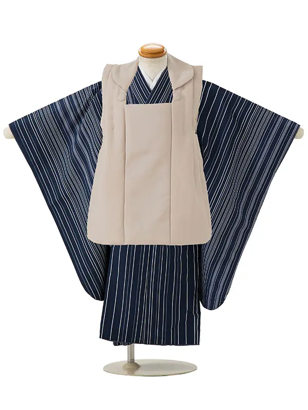 七五三レンタル(3歳男児被布)／ベージュ×紺滝縞 Z570