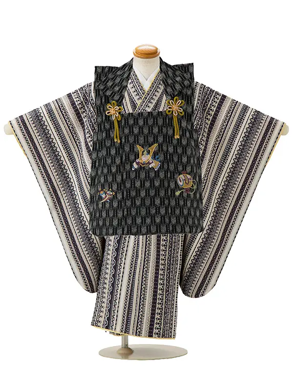 七五三レンタル(3歳男児被布)／黒矢羽 兜×ベージュ更紗縞 Z589_4