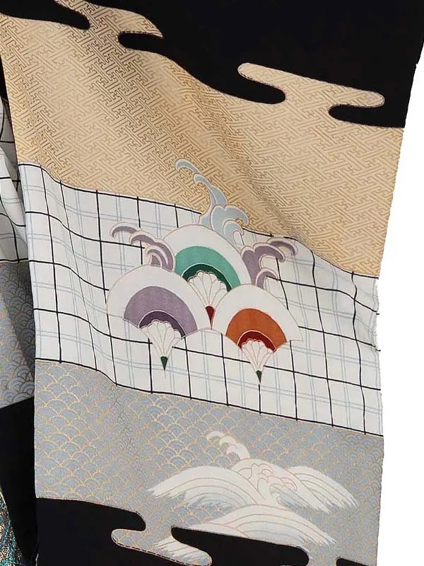 かんたん七五三レンタル(5歳6歳男児袴)／黒鷹宝船×水色波文袴 Z605