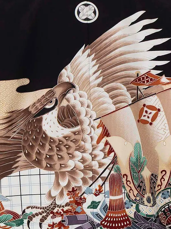 かんたん七五三レンタル(5歳6歳男児袴)／黒鷹宝船×水色波文袴 Z605