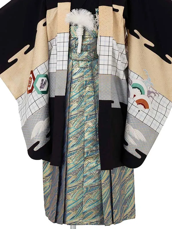 かんたん七五三レンタル(5歳6歳男児袴)／黒鷹宝船×水色波文袴 Z605