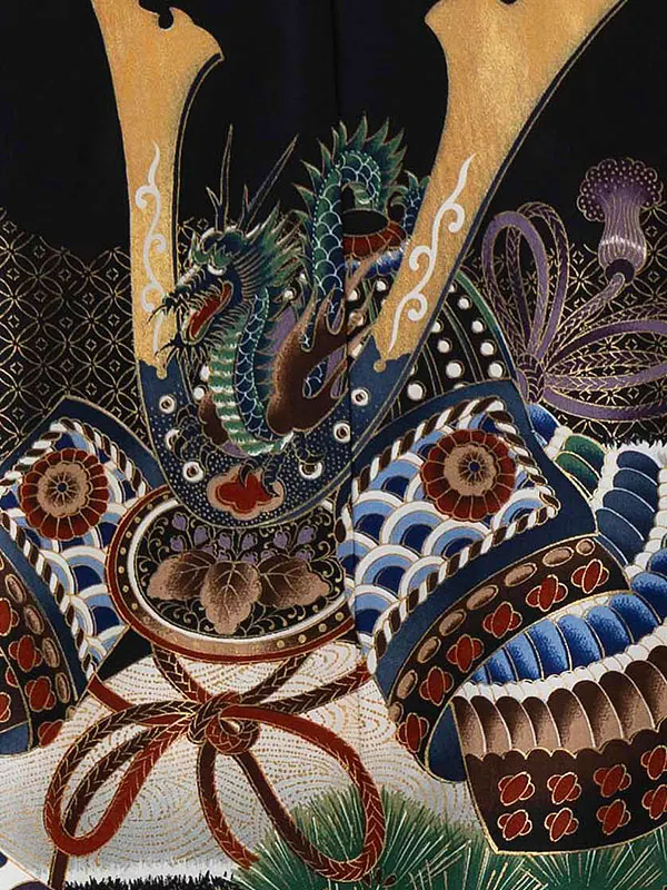 かんたん七五三レンタル(5歳男児袴)／黒兜松亀甲×紺菱紋袴 Z606