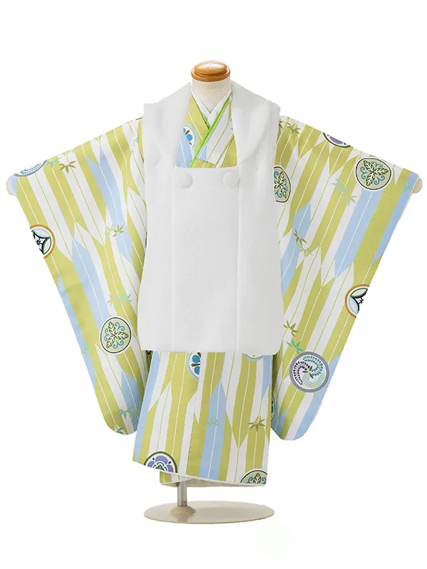七五三レンタル(3歳男児被布)／白 格子×白黄緑矢羽丸紋 Z637