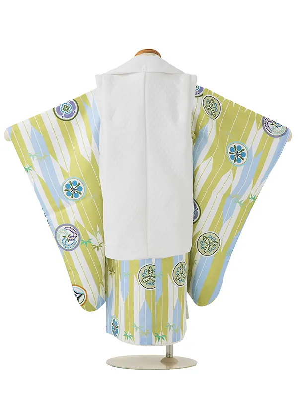 七五三レンタル(3歳男児被布)／白 格子×白黄緑矢羽丸紋 Z637