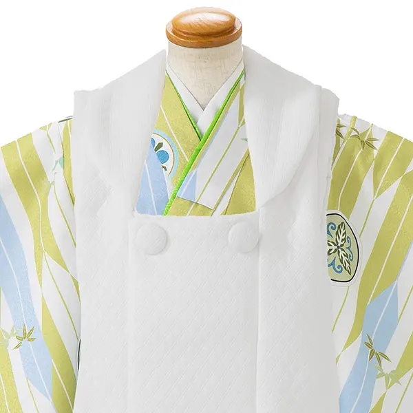 七五三レンタル(3歳男児被布)／白 格子×白黄緑矢羽丸紋 Z637