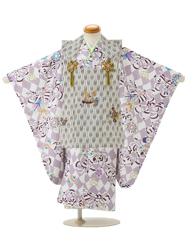 七五三レンタル(3歳男児被布)／白矢羽 兜×薄紫市松矢 Z651