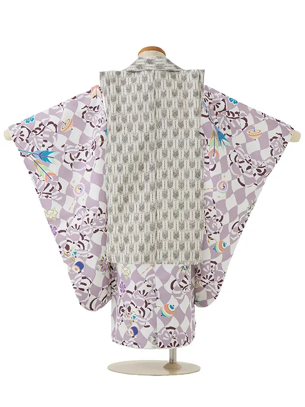 七五三レンタル(3歳男児被布)／白矢羽 兜×薄紫市松矢 Z651