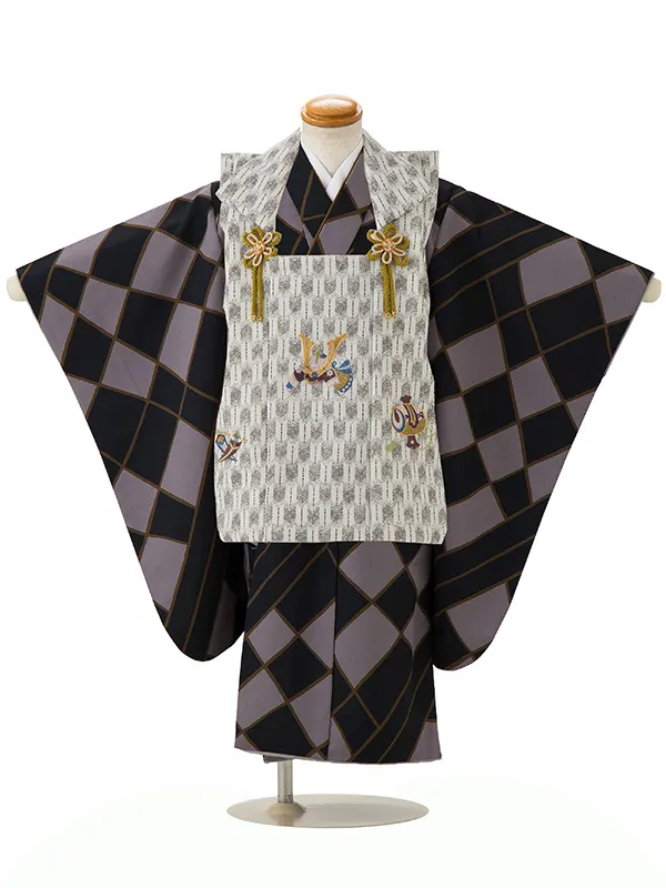 七五三レンタル(3歳男児被布)／白矢羽 兜×黒菱紋 Z735
