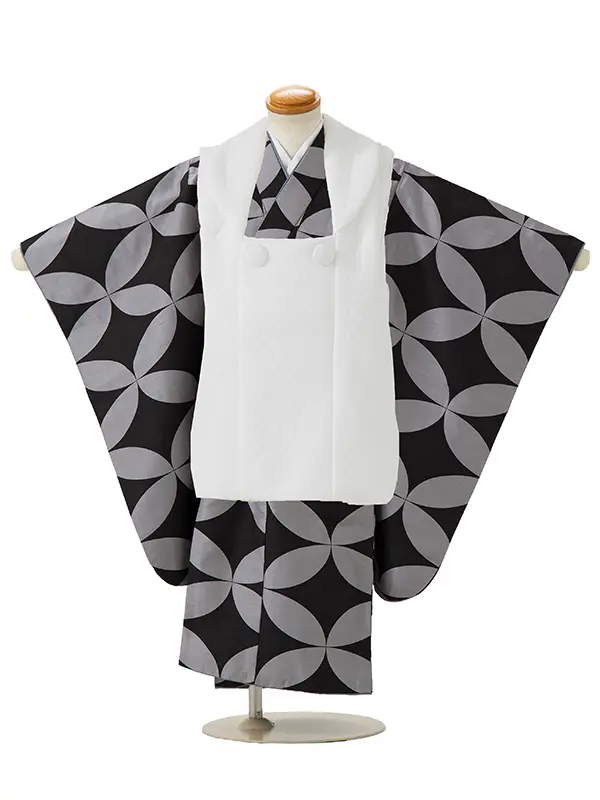 七五三レンタル(3歳男児被布)／白 格子×グレージュ七宝 Z745