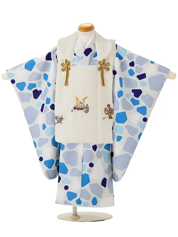 七五三レンタル(3歳男児被布)／ベージュ 兜×グレーモダン柄 Z834