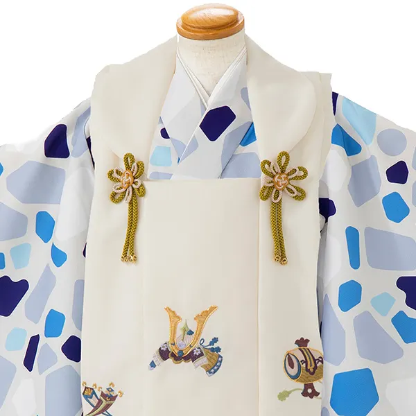 七五三レンタル(3歳男児被布)／ベージュ 兜×グレーモダン柄 Z834