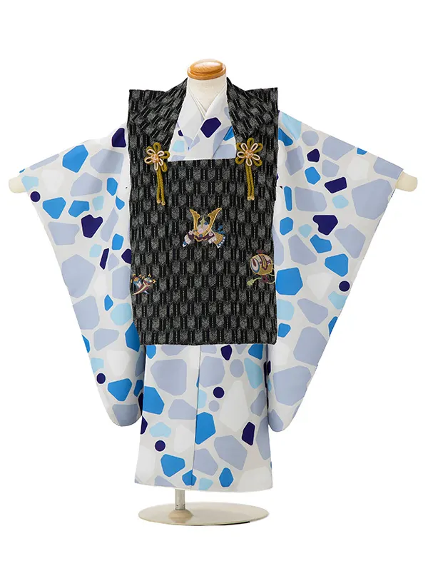 七五三レンタル(3歳男児被布)／黒矢羽 兜×グレーモダン柄 Z834