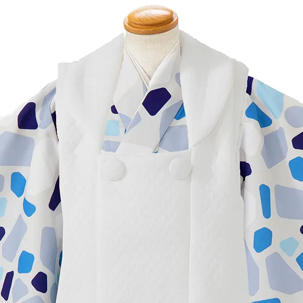 七五三レンタル(3歳男児被布)／白 格子×グレーモダン柄 Z834