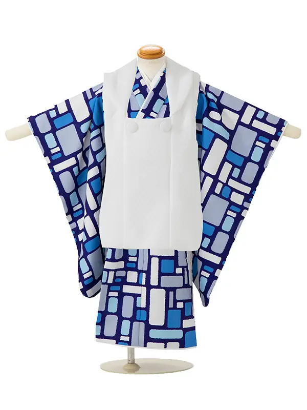 七五三レンタル(3歳男児被布)／白 格子×グレーモダン柄 Z835