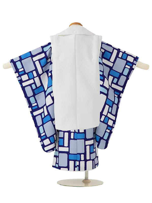 七五三レンタル(3歳男児被布)／白 格子×グレーモダン柄 Z835