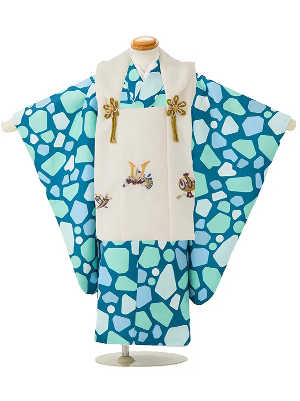 七五三レンタル(3歳男児被布)／ベージュ 兜×グレーモダン柄 Z836