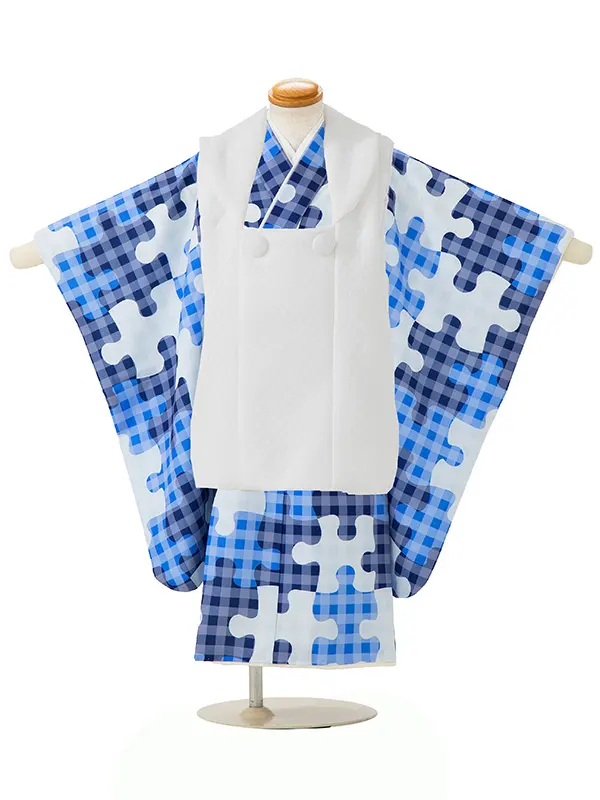 七五三レンタル(3歳男児被布)／白 格子×青パズル柄 Z837