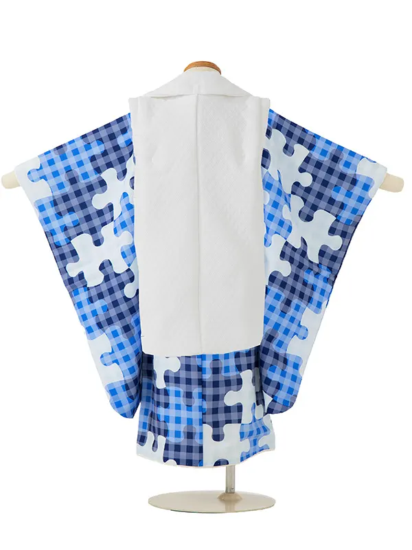 七五三レンタル(3歳男児被布)／白 格子×青パズル柄 Z837