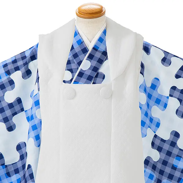 七五三レンタル(3歳男児被布)／白 格子×青パズル柄 Z837