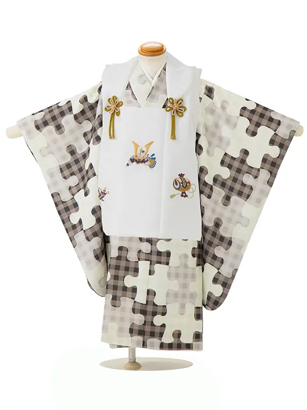 七五三レンタル(3歳男児被布)／白 兜×茶パズル柄 Z840_1