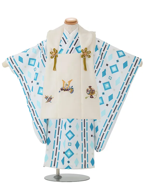 七五三レンタル(3歳男児被布)／ベージュ 兜×白モダン菱紋様 Z851