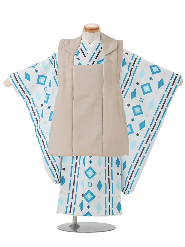 七五三レンタル(3歳男児被布)／ベージュ×白モダン菱紋様 Z851