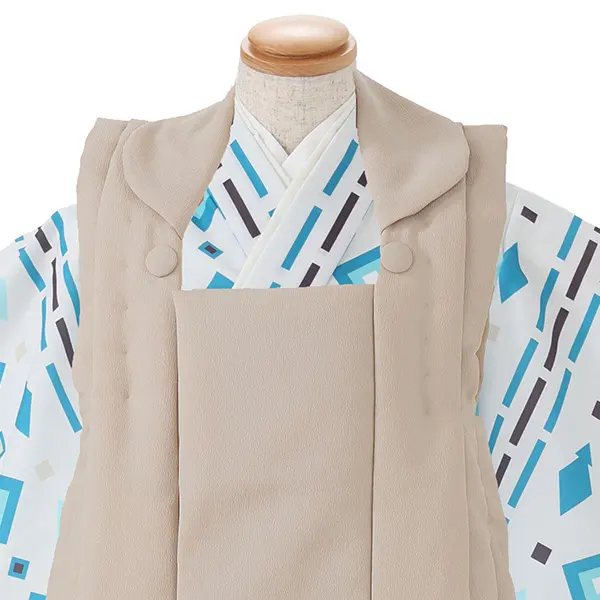 七五三レンタル(3歳男児被布)／ベージュ×白モダン菱紋様 Z851