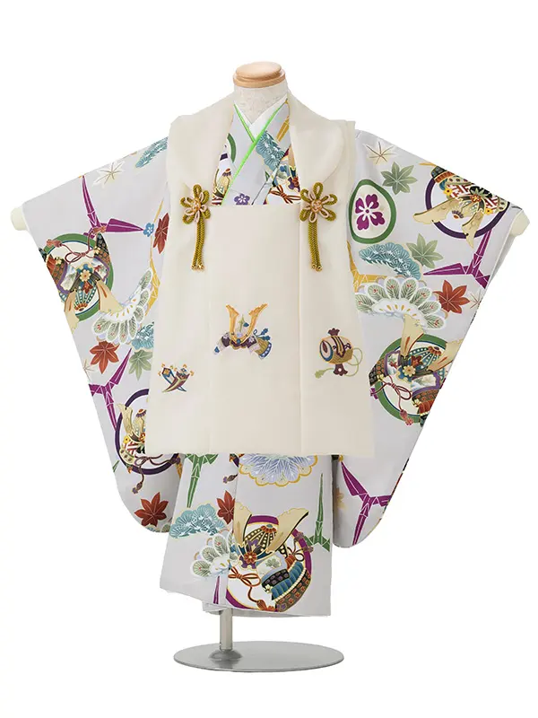 七五三レンタル(3歳男児被布)／ベージュ 兜×グレー兜松楓 Z859