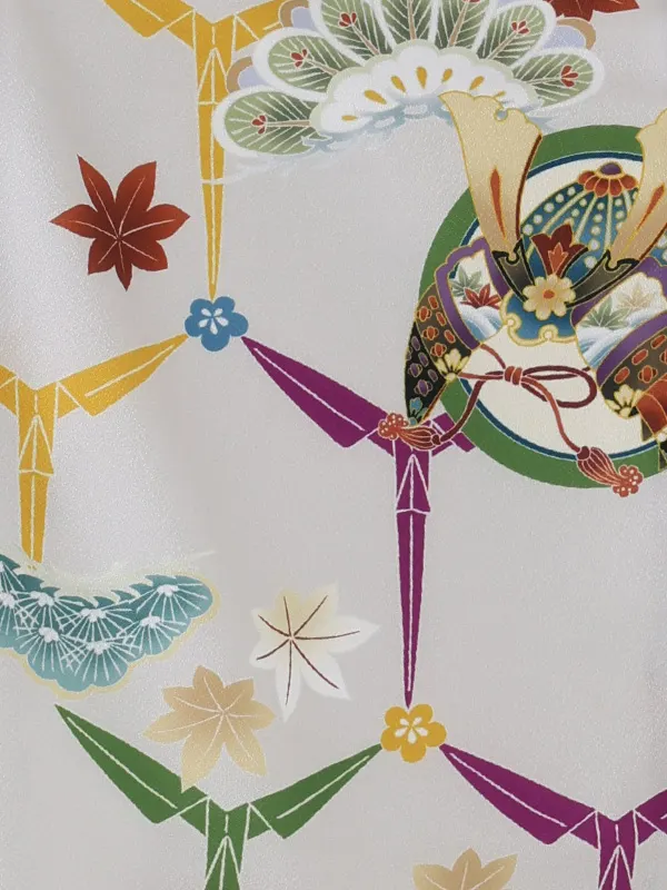 七五三レンタル(3歳男児被布)／白 格子×グレー兜松楓 Z859