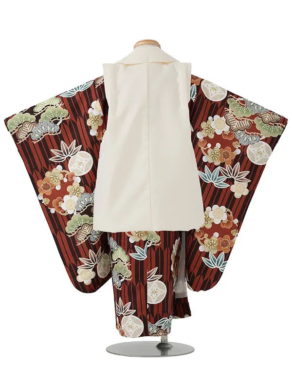 七五三レンタル(3歳男児被布)／ベージュ 兜×茶松竹梅矢羽 Z873