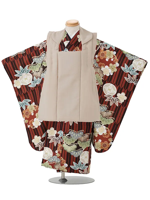 七五三レンタル(3歳男児被布)／ベージュ×茶松竹梅矢羽 Z873