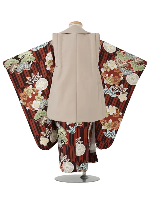 七五三レンタル(3歳男児被布)／ベージュ×茶松竹梅矢羽 Z873