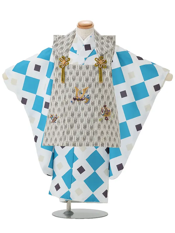 七五三レンタル(3歳男児被布)／白矢羽 兜×水色モダン柄 Z891