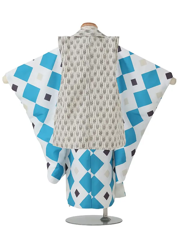 七五三レンタル(3歳男児被布)／白矢羽 兜×水色モダン柄 Z891