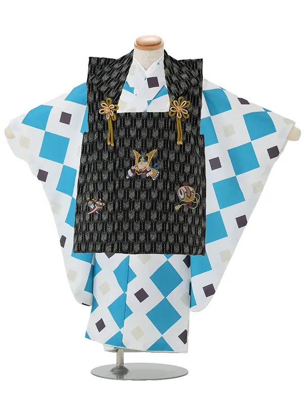 七五三レンタル(3歳男児被布)／黒矢羽 兜×水色モダン柄 Z891