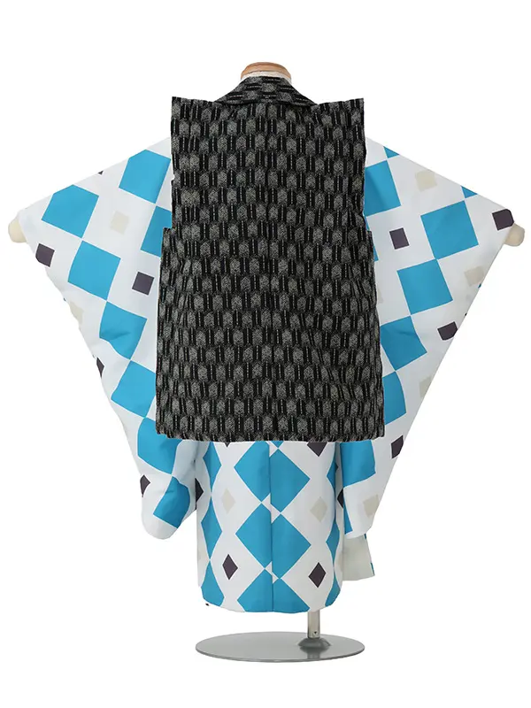 七五三レンタル(3歳男児被布)／黒矢羽 兜×水色モダン柄 Z891