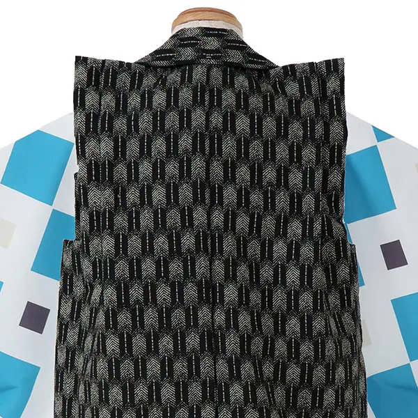 七五三レンタル(3歳男児被布)／黒矢羽 兜×水色モダン柄 Z891