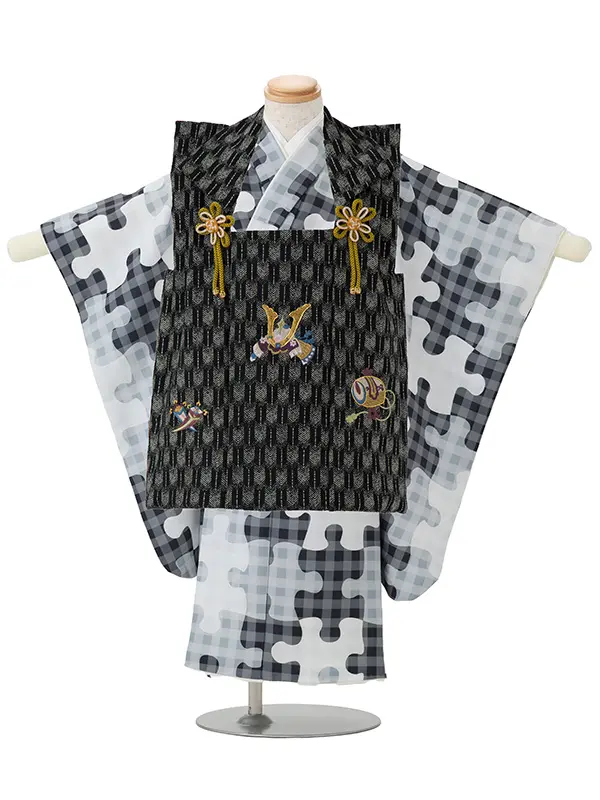 七五三レンタル(3歳男児被布)／黒矢羽 兜×グレーパズル柄 Z892
