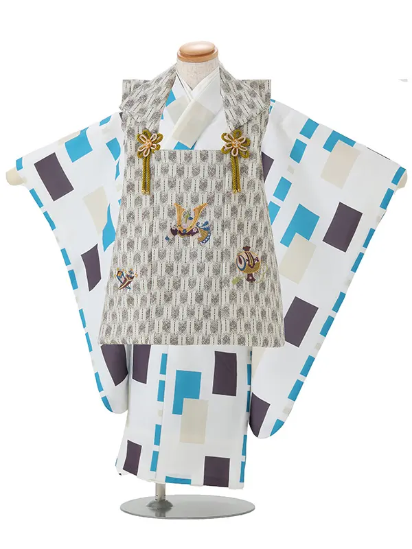 七五三レンタル(3歳男児被布)／白矢羽 兜×白茶モダン柄 Z893