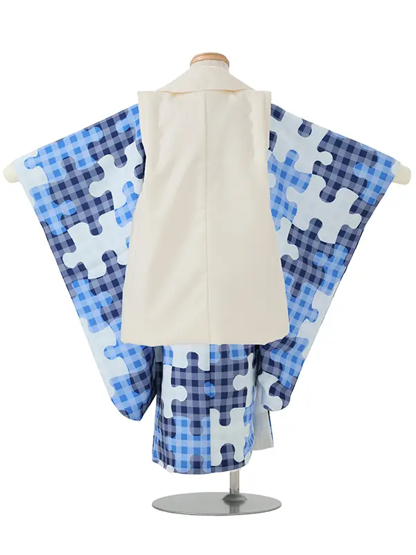 七五三レンタル(3歳男児被布)／ベージュ 兜×青パズル柄 Z894