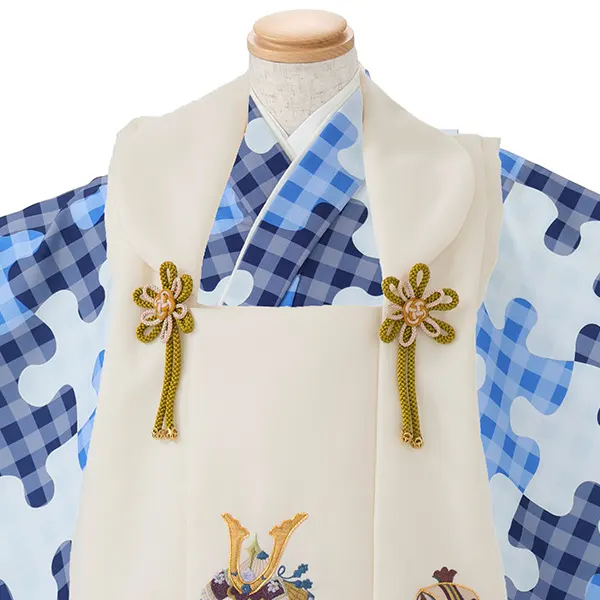 七五三レンタル(3歳男児被布)／ベージュ 兜×青パズル柄 Z894