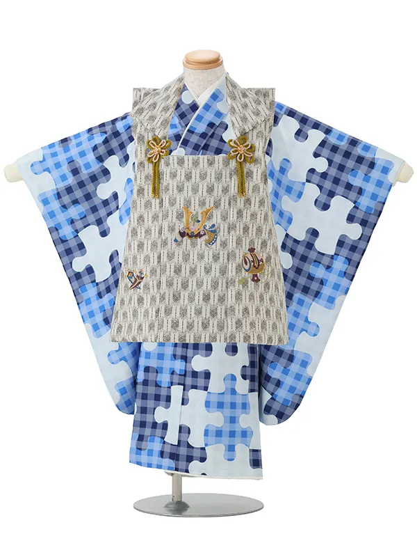 七五三レンタル(3歳男児被布)／白矢羽 兜×青パズル柄 Z894