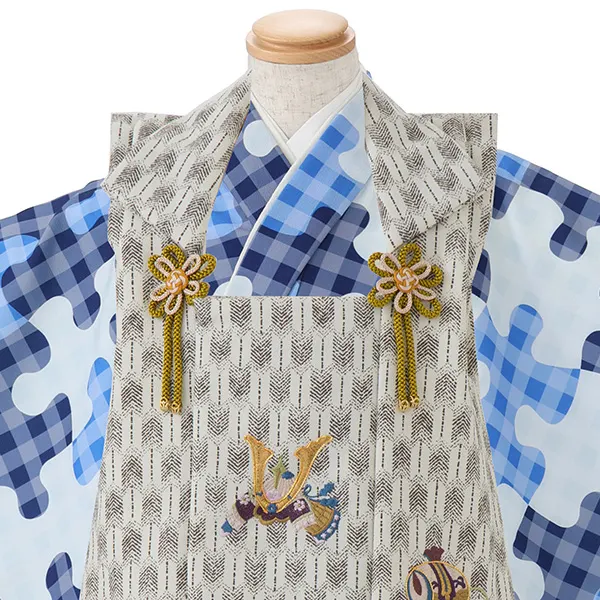 七五三レンタル(3歳男児被布)／白矢羽 兜×青パズル柄 Z894