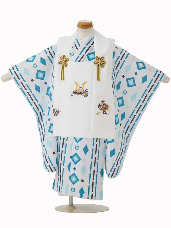 七五三レンタル(3歳男児被布)／白 兜×白水色モダン菱柄 Z895