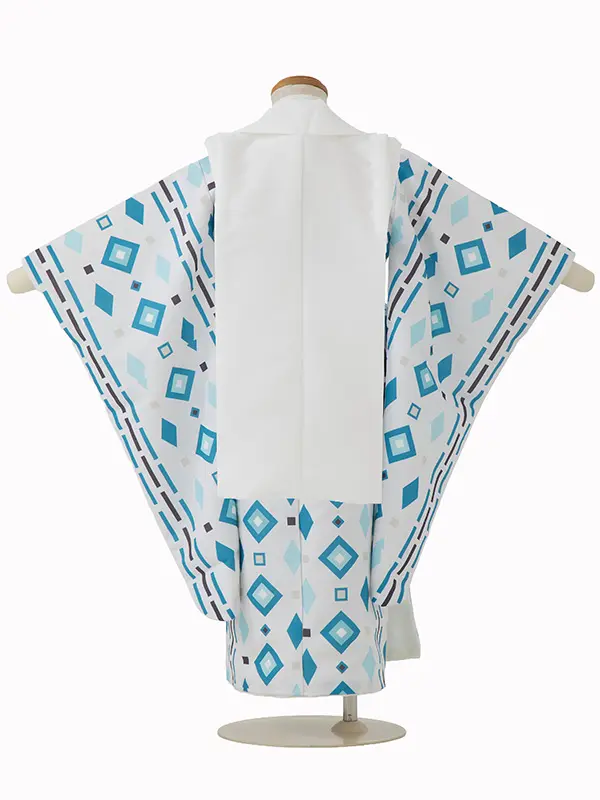 七五三レンタル(3歳男児被布)／白 兜×白水色モダン菱柄 Z895