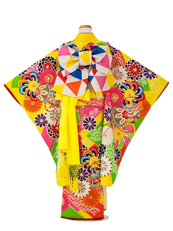 七五三レンタル(7歳女児結び帯) ／黄色×手まり菊 7002