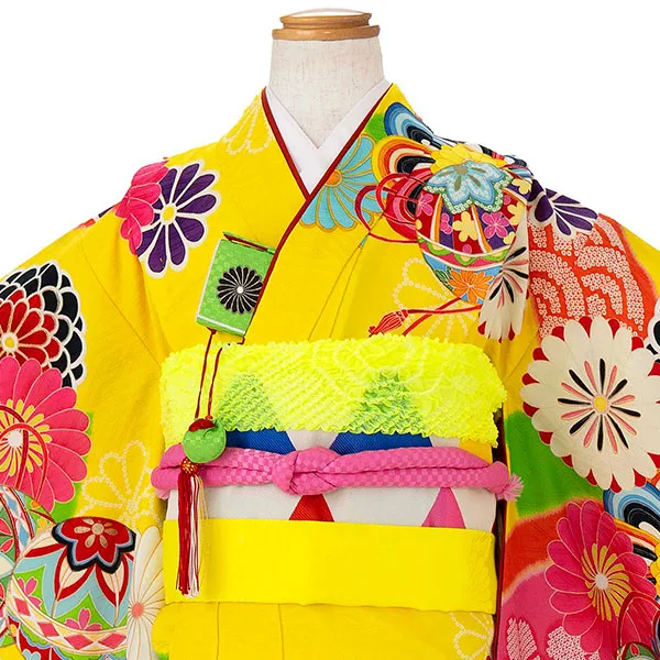 七五三レンタル(7歳女児結び帯) ／黄色×手まり菊 7002