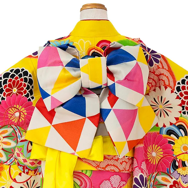 七五三レンタル(7歳女児結び帯) ／黄色×手まり菊 7002